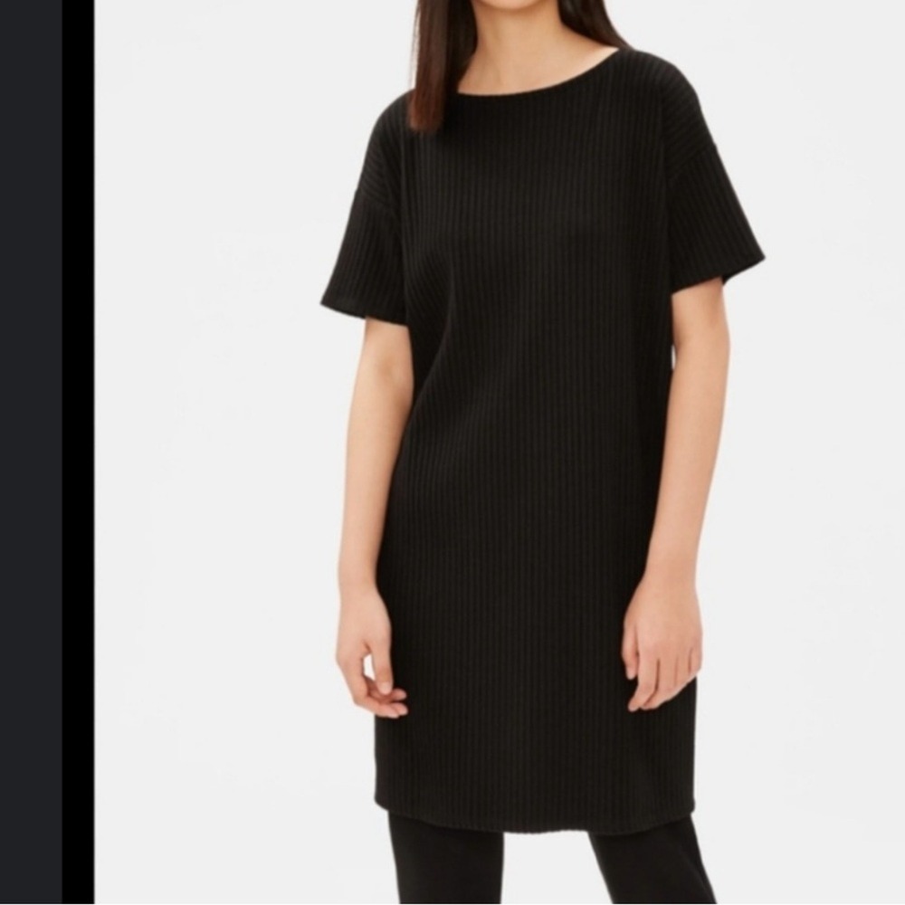 Eileen Fisher Size XS/ TP Black Ribbed Tencel Boxy mini Shift Dress‎
